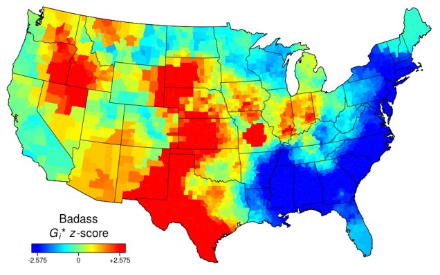 Heat map of the USA for "badass". A blue wave from Arkansas and Louisiana up to New Hampshire. A red band snakes from Texas up to South Dakota. Light or neutral elsewhere.