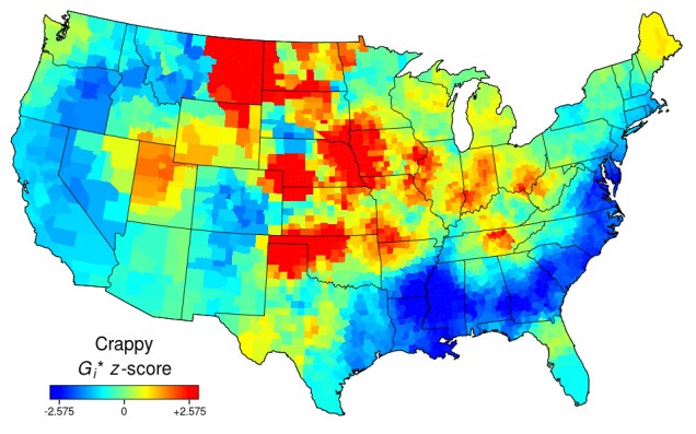Heat map of the USA for "crappy". Red patches in the Rocky Mountain and Mid-West regions, a blue band across the coastal South-East.

A red wave across the southern and south-eastern coast, from Texas to Connecticut