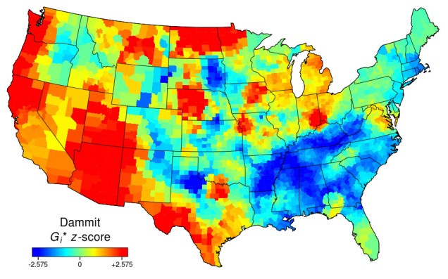 Heat map of the USA for "dammit". Blue across the South-East, red in the Pacific, South-West, and Mid-West.