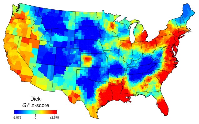 Heat map of the USA for "dick". Red along the east coast and over to east Texas. Blue in the far North-East and non-coastal states.