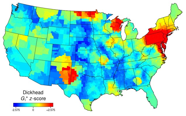 Heat map of the USA for "dickhead". Small patches of red in the North-East, north, and South-West. Blue elsewhere.
