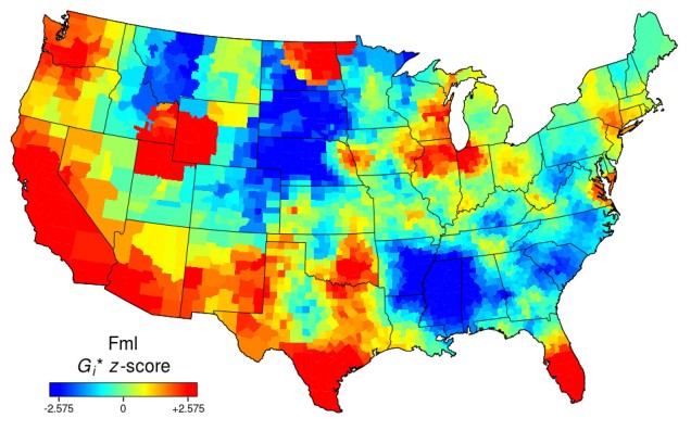 Heat map of the USA for "fml". Blue patches in the South-East and Mid-West, red along the west coast, down into Texas and Florida, and also in North Dakota.