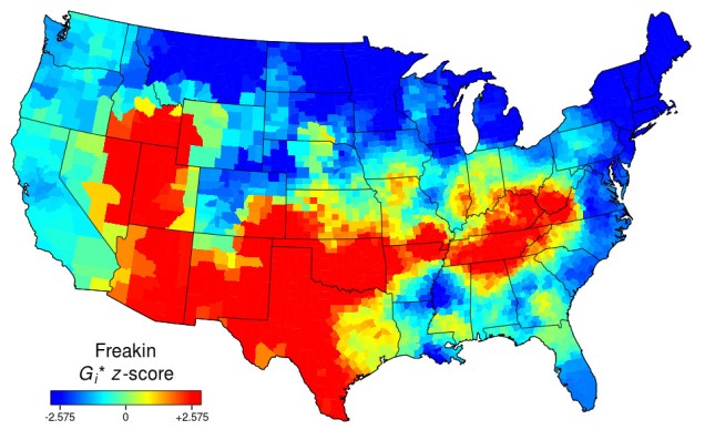 Heat map of the USA for "freakin". Blue across the northern states and Pacific and east coasts. Red in the south, from Nevada over to West Virginia.