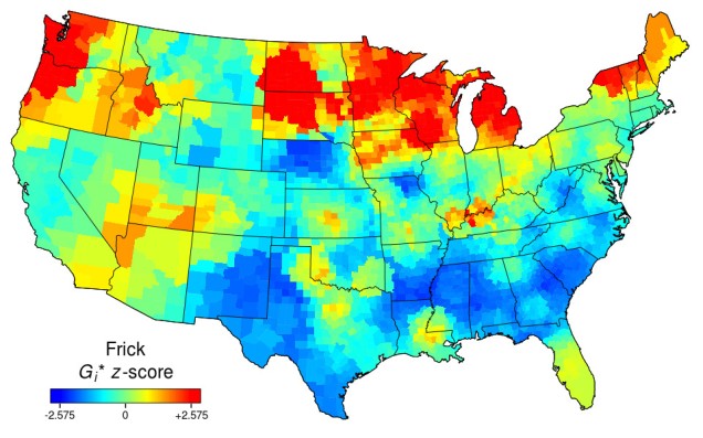 Heat map of the USA for "frick". Red patches in northern states, blueish in the south, mostly neutral elsewhere.