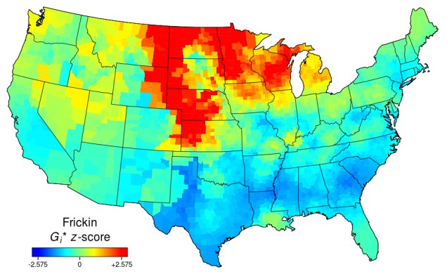 Heat map of the USA for "frickin". Red in the Mid-West, neutral or light blue elsewhere.