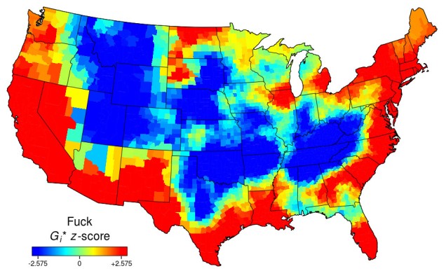 Heat map of the USA for "fuck". Deep red all along the east and west coasts and the southern border states. Deep blue inland.