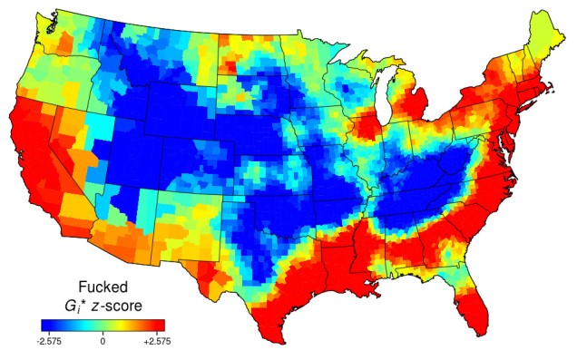 Heat map of the USA for "fucked". Red along the east and south-coasts and California. Deep blue inland.
