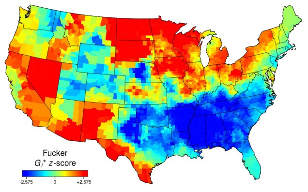 Heat map of the USA for "fucker". Deep red in the Mid-West and South-West (and Nevada). Blue in the South-East.