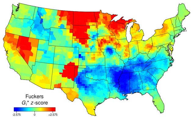 Heat map of the USA for "fuckers". Red in the Mid-West, Nevada, and New Mexico. Blue in the South-East.