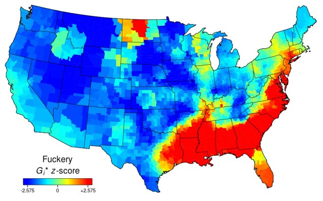 Heat map of the USA for "fuckery". A red wave across the southern and south-eastern coast, from Texas to Connecticut. North Dakota is also red; the rest of the country is blue.
