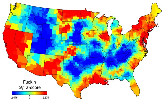 Heat map of the USA for "fuckin". Blue patches inland. Red patches on the east and west coasts and the north and south borders.