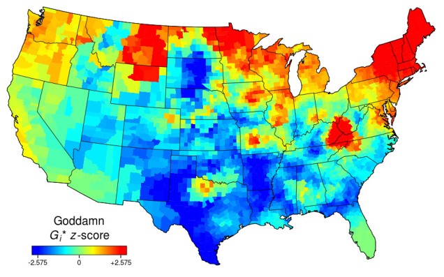 Heat map of the USA for "goddamn". Red in the North-East and northern border states, and in Appalachia. Blue in the south.