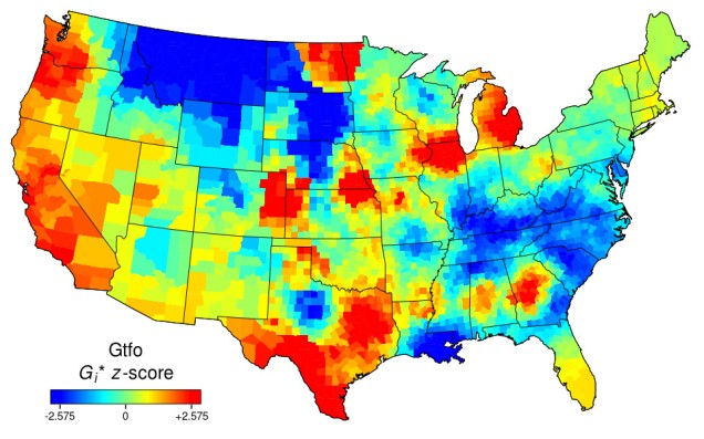 Heat map of the USA for "gtfo". Blue in Montana and the South-East, small red patches scattered elsewhere.