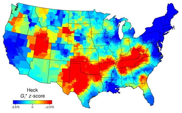 Heat map of the USA for "heck". Blue in the west and North-East. Red across the south, from New Mexico to West Virginia, and in Utah.