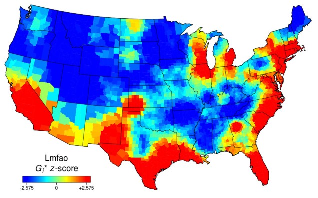 Heat map of the USA for "LMFAO". Red across the south, from California through Texas and Florida up to Massachusetts and around the Great Lakes. Blue elsewhere.
