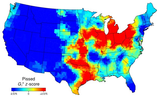 Heat map of the USA for "pissed". Blue in the west half of the country and in the North-East and South-East. Patches of red elsewhere.