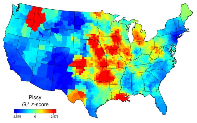 Heat map of the USA for "pissy". Blue in the North-East and South-East and in the west half of the country, except the Inland North West. Patches of red elsewhere.