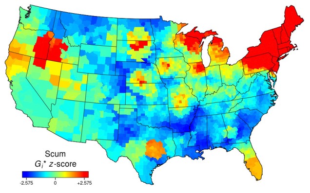 Heat map of the USA for "scum". Red in the North-East, around the Great Lakes, and in Oregon and Idaho. Blue or neutral elsewhere.