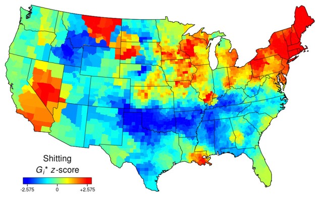 Heat map of the USA for "shitting". Red in the North-East and in Montana and Nevada, and a little around the Great Lakes. Blue or neutral elsewhere.