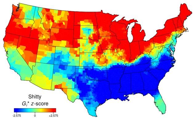 Heat map of the USA for "shitty". A rectangular blue wave stretches across the south, from New Mexico to Virginia. States in the top half are red.