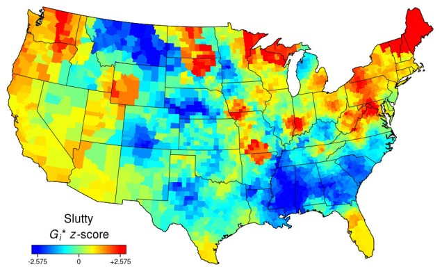 Heat map of the USA for "slutty". Red in the far North-East and some northern Mid-West states. Blue or neutral elsewhere.