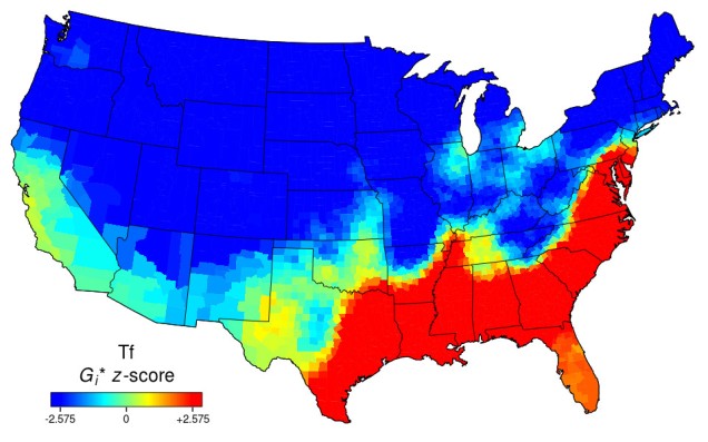 Heat map of the USA for "TF". Red across the south, from east Texas to New Jersey. Blue elsewhere.