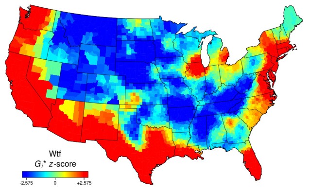 Heat map of the USA for "WTF". Red wave nearly all around the coast and southern border, and around the Great Lakes. Blue elsewhere.