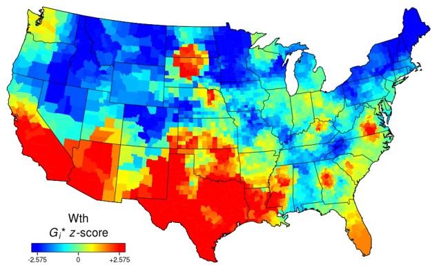 Heat map of the USA for "WTH". Red across the South-West and over to Mississippi, mostly blue elsewhere.