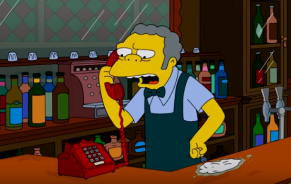 Image of Moe, bartender in The Simpsons, picking up the phone in his bar